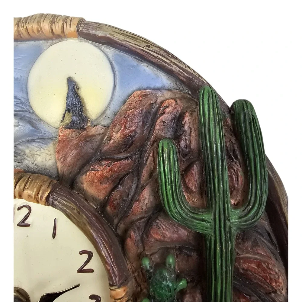Mallory Lane Southwestern Desert Adobe Cactus Howling Wolf 3D Resin Wall Clock
